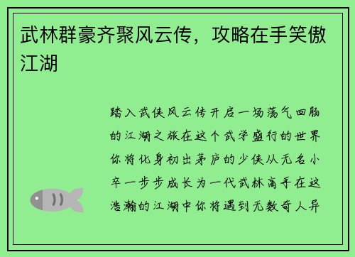 武林群豪齐聚风云传，攻略在手笑傲江湖