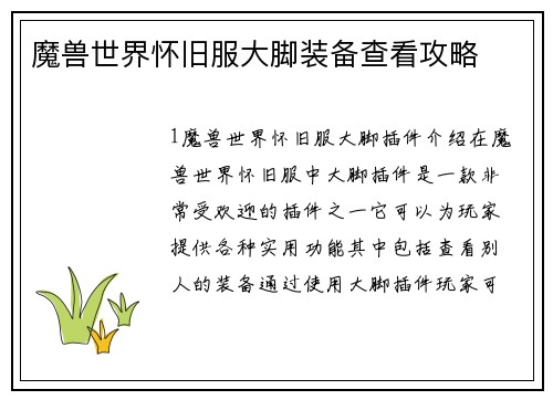 魔兽世界怀旧服大脚装备查看攻略